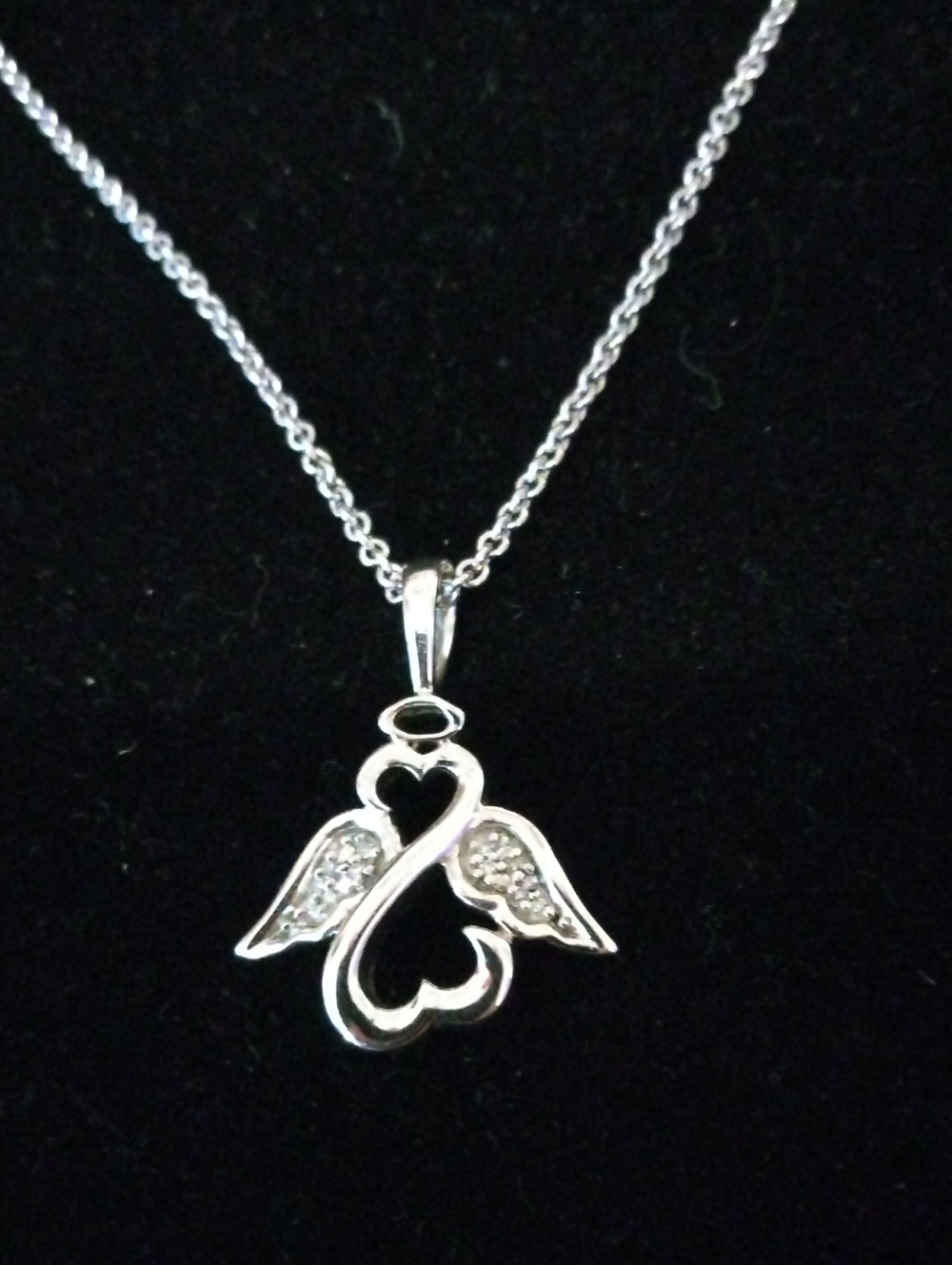 Vintage Sparkling Sterling Silver Jane Seymour's Open Heart Angel Necklace...16"